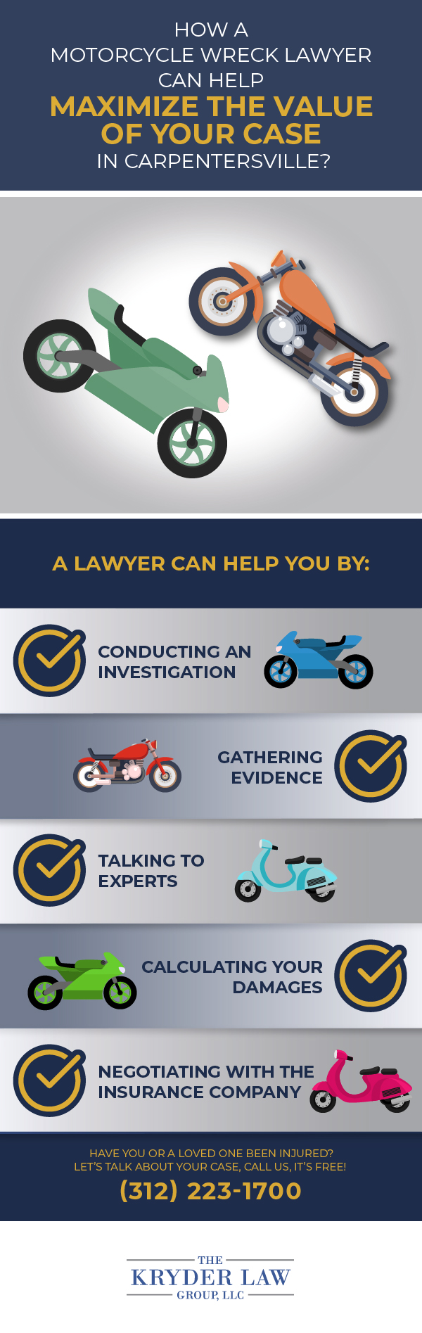 Infografía sobre los beneficios de contratar a un abogado de accidentes de motocicleta en Carpentersville