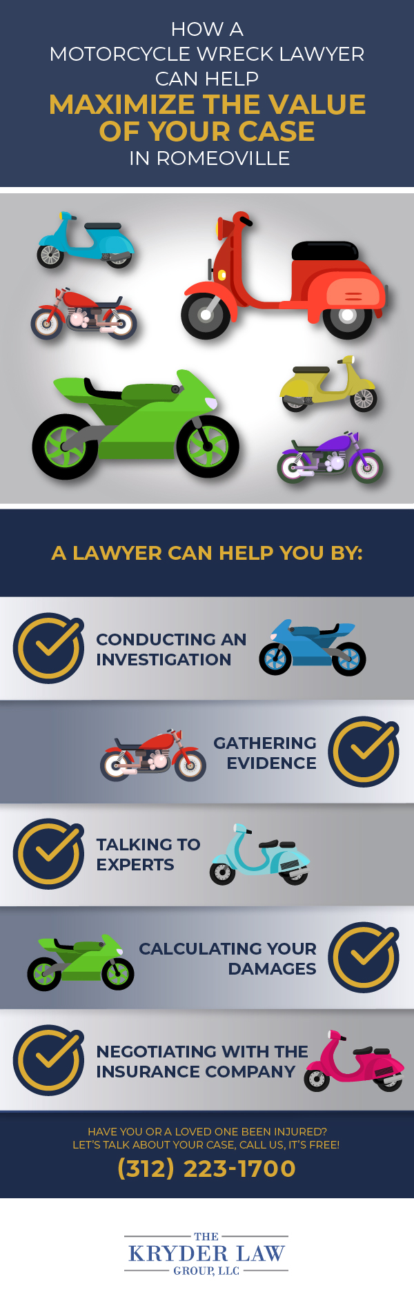 Infografía de los beneficios de contratar a un abogado de accidentes de motocicleta en Romeoville