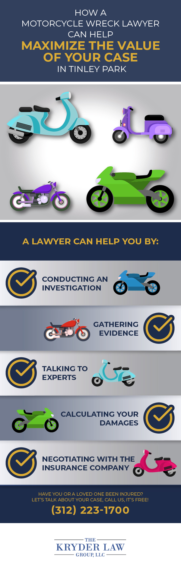 Infografía sobre los beneficios de contratar a un abogado de accidentes de motocicleta en Tinley Park