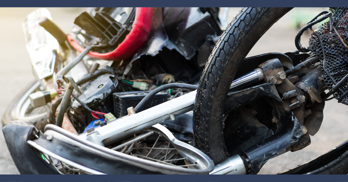 Close up of wrecked motorcycle wheel