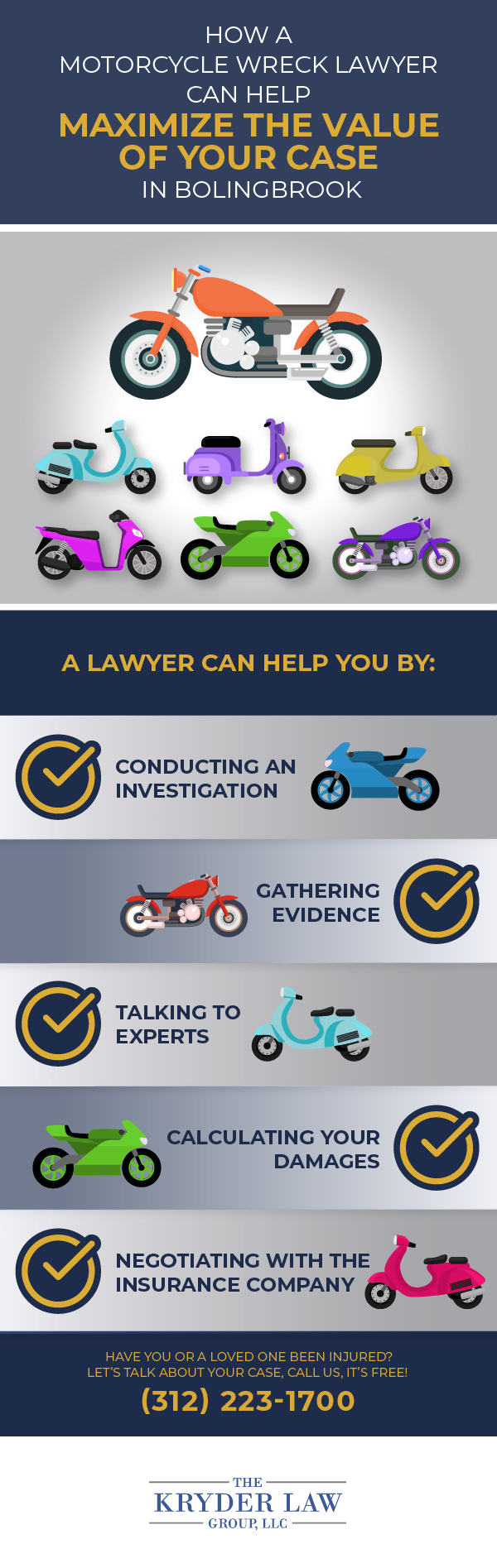 Infografía de los beneficios de contratar un abogado de accidentes de motocicleta en Bolingbrook