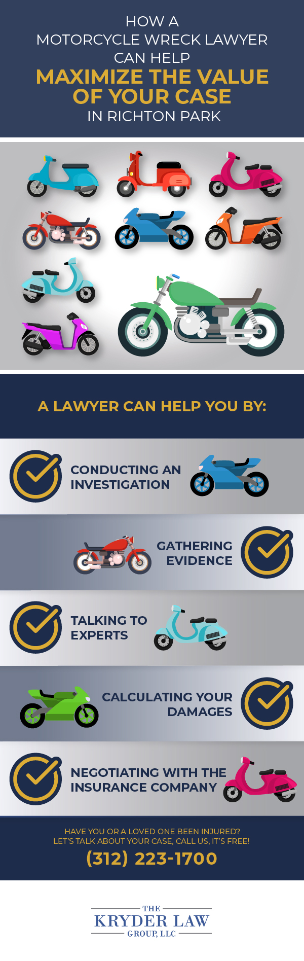 Infografía de los beneficios de contratar a un abogado especializado en accidentes de motocicleta en Richton Park