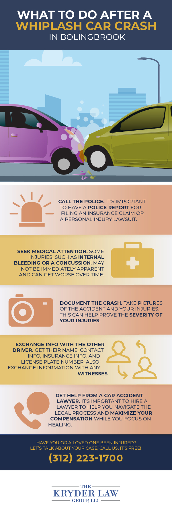 Infografía sobre qué hacer después de un accidente automovilístico por latigazo cervical en Bolingbrook