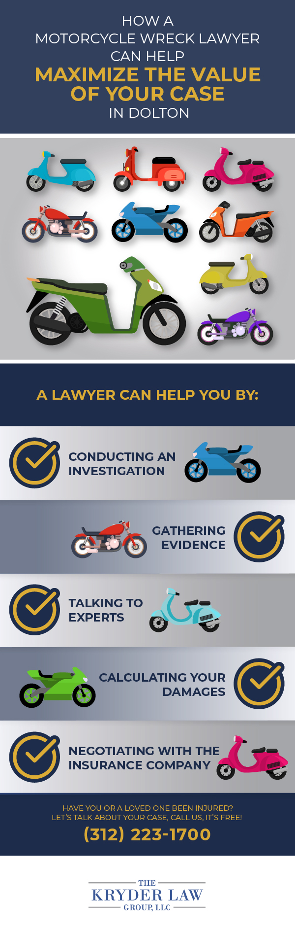 Infografía de los beneficios de contratar a un abogado especializado en accidentes de motocicleta en Dolton