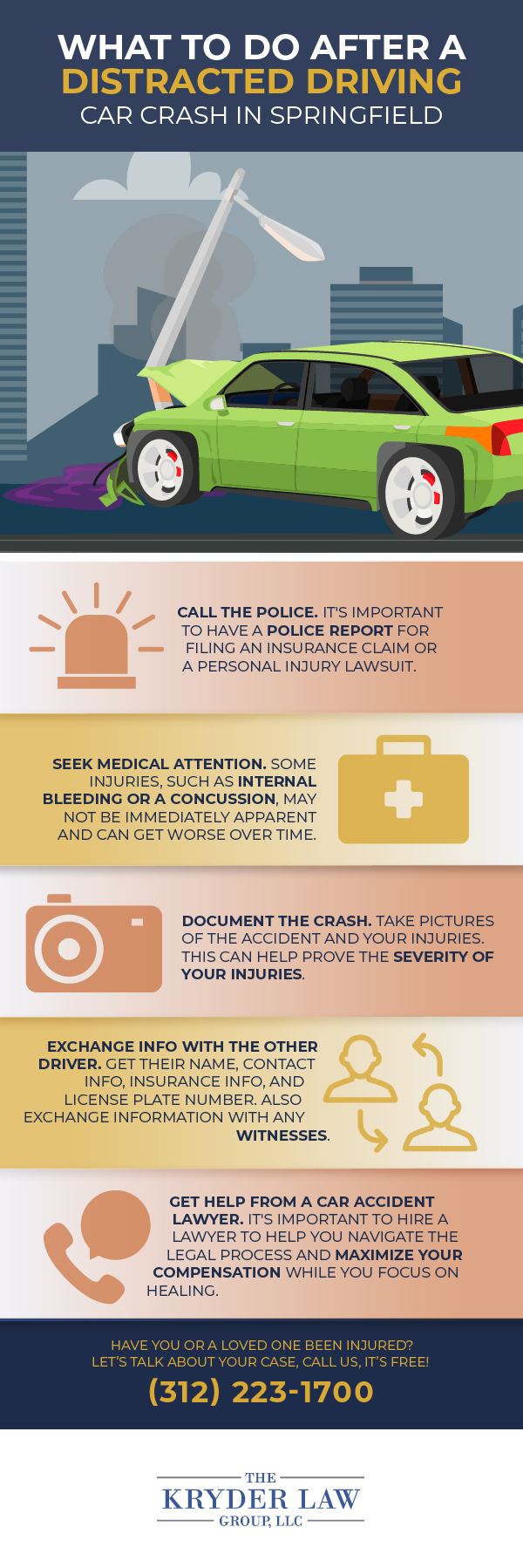 Infografía sobre qué hacer después de un accidente automovilístico por conducción distraída en Springfield