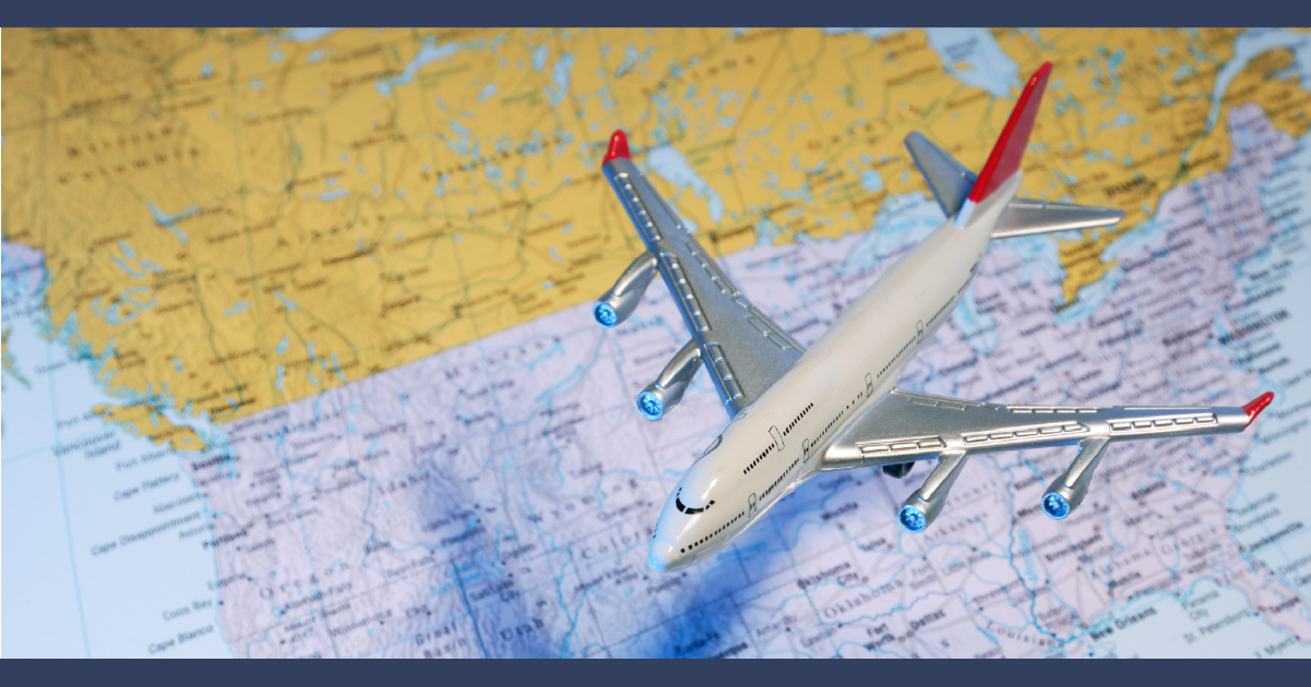 Commercial Air Travel Safety: a toy jet airplane over a US map