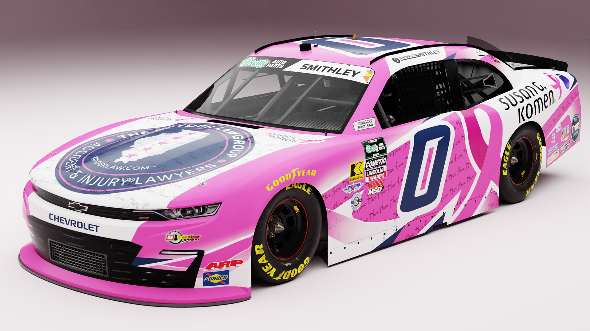 The Kryder Law Group NASCAR car mockup in support of Susan G. Komen